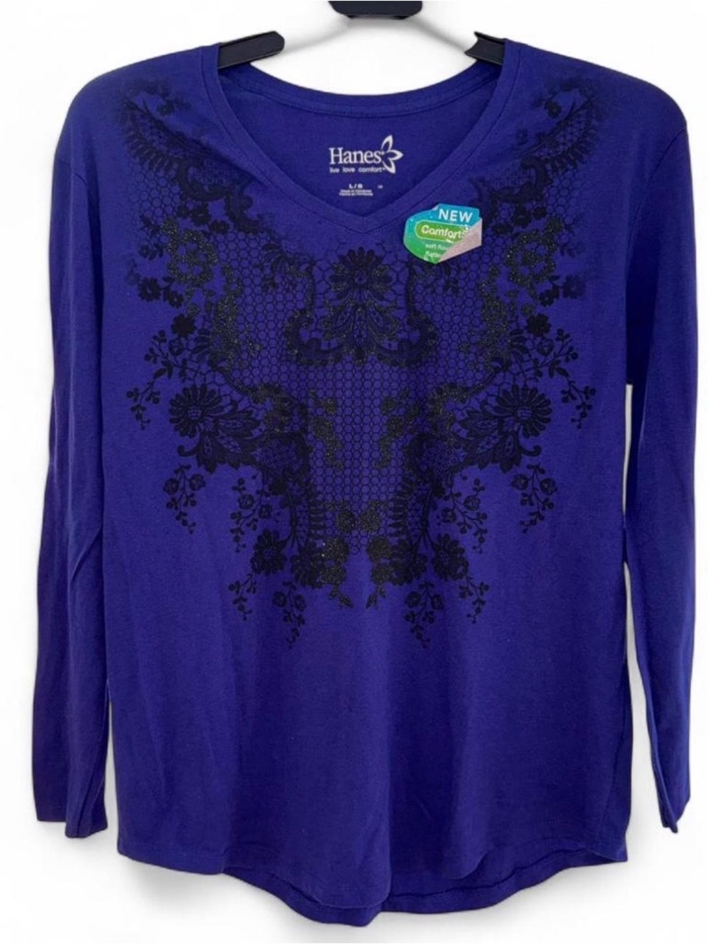 NWT Hanes Comfortblend Women's Large Indigo Purplish Blue V-Neck Graphic Tee L